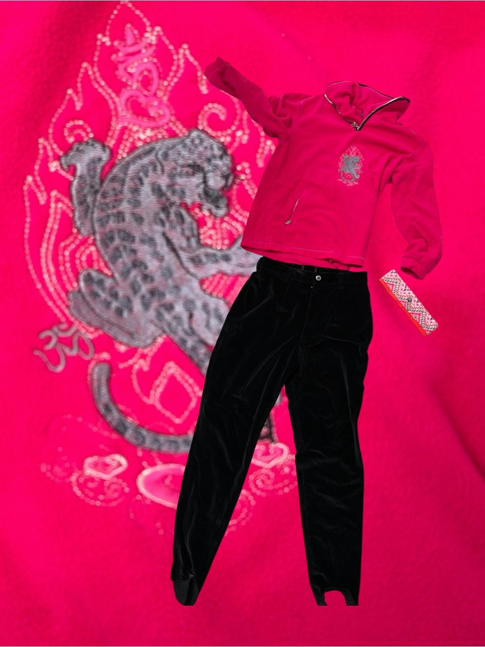 Bogner Hot Pink Ski Sweater with Silver Embellishment With Velvet Ski Pants Set